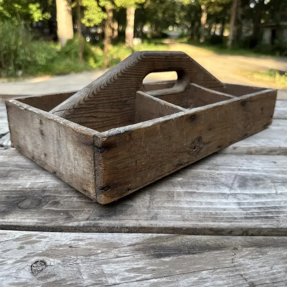 Vintage 6 Comp Wood Garden Tool Tote Caddy Toolbox Handmade Carpenters